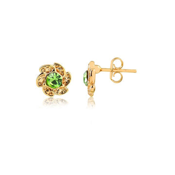 18K Gold Layered Oro Laminado Green Rhinestone in Cut Out Flower Design Push Back Earrings 21.0569/8